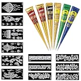 Kit de Tatuajes Temporales, Kit Tatuaje Temporal Adulto Tattoo Personaliza, Incluye 12 Plantillas y 6 Conos Pegamento, Impermeable Diseños Pintura Corporal DIY para Mujeres Hombres Niños