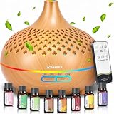 ZOVHYYA Difusor de Aceites Esenciales 500ml con Mando y 8 Aceites | 14 Luces LED, 4 Temporizadores, Niebla Ajustable, Apagado sin Agua, Mando, para Dormitorio, Salón, Oficina y Yoga